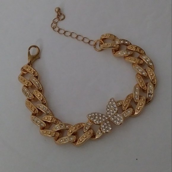 Butterfly Rose Gold Tone Rhinestone Bracelet - Picture 8 of 12